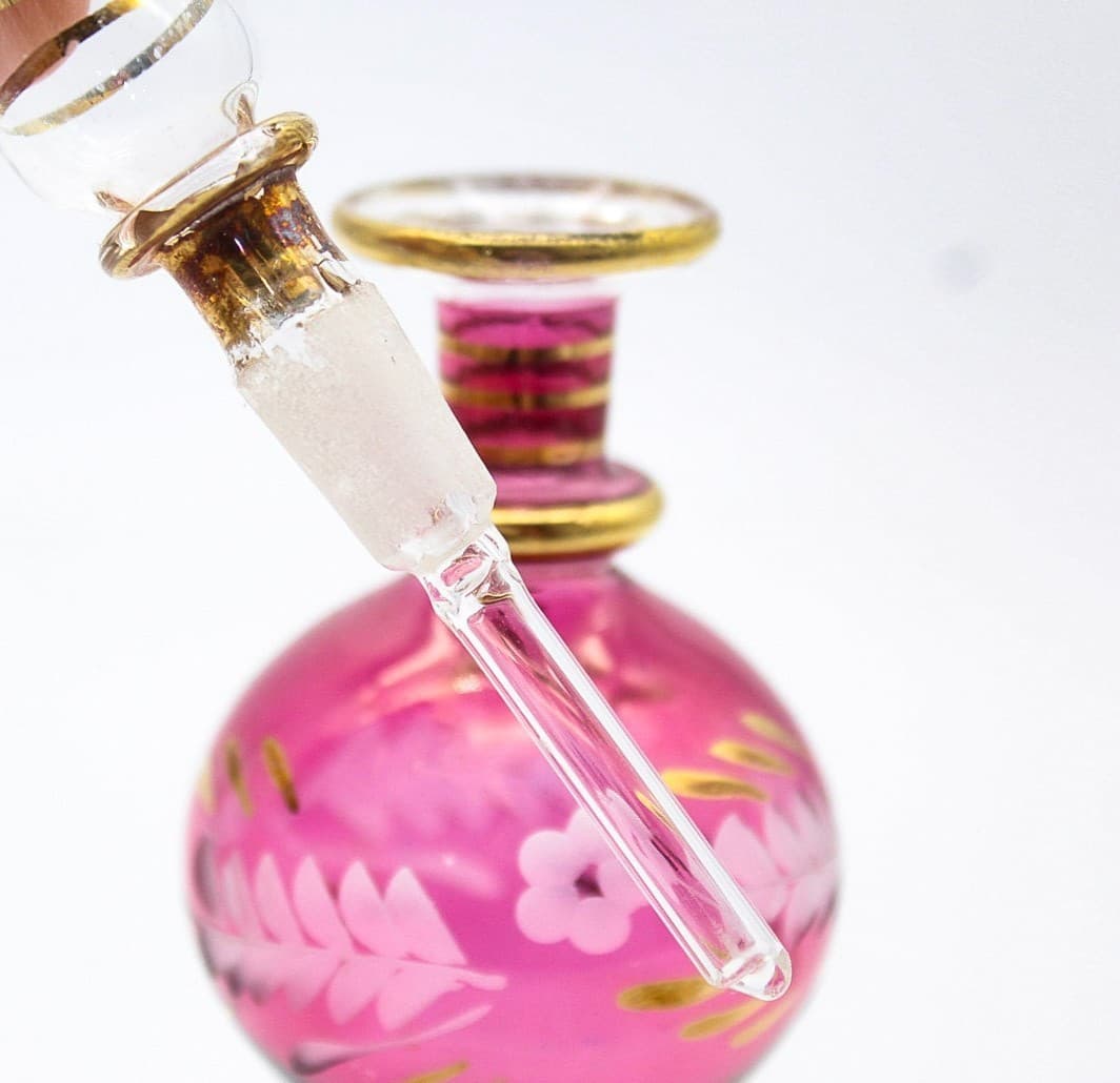 Vintage Floral Hand-Blown Egyptian Pink & Gold Glass Perfume Bottle - Thumbnail 7