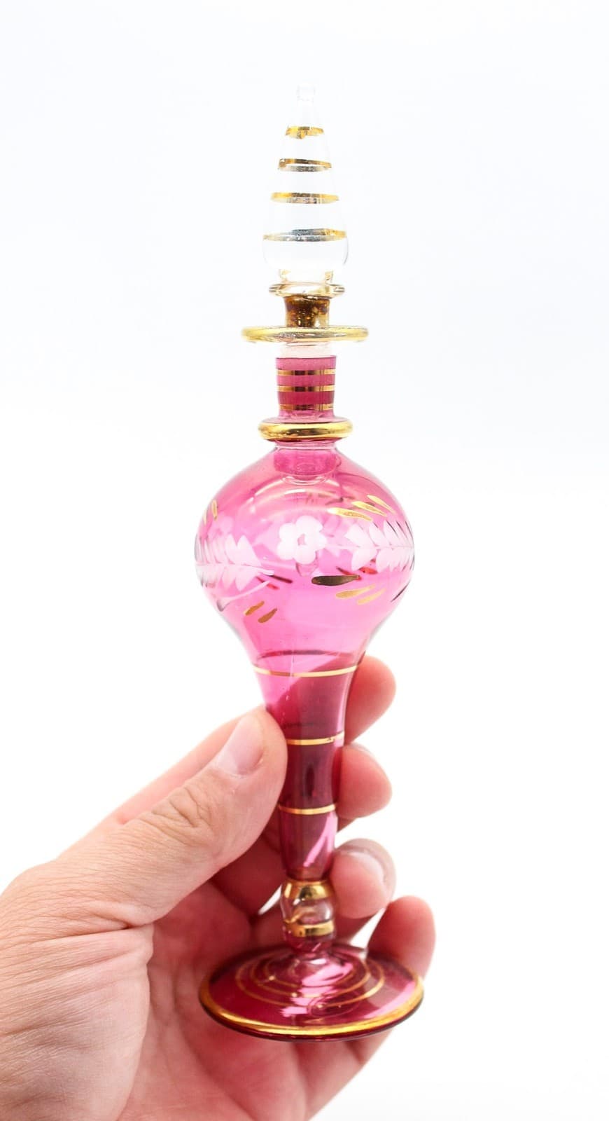 Vintage Floral Hand-Blown Egyptian Pink & Gold Glass Perfume Bottle - Thumbnail 9