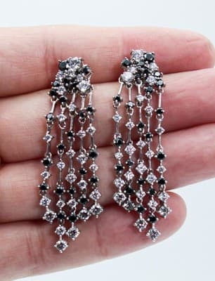 Sterling Silver 925 CZ & Black Onyx Crystal Chandelier Pierced Earrings - Thumbnail 4