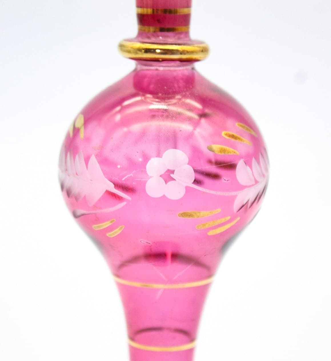 Vintage Floral Hand-Blown Egyptian Pink & Gold Glass Perfume Bottle - Thumbnail 5