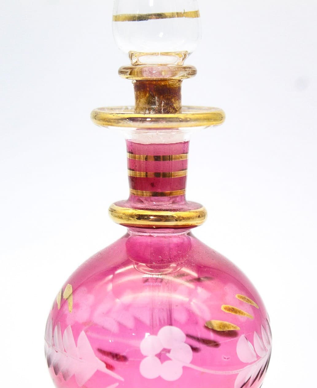 Vintage Floral Hand-Blown Egyptian Pink & Gold Glass Perfume Bottle - Thumbnail 4