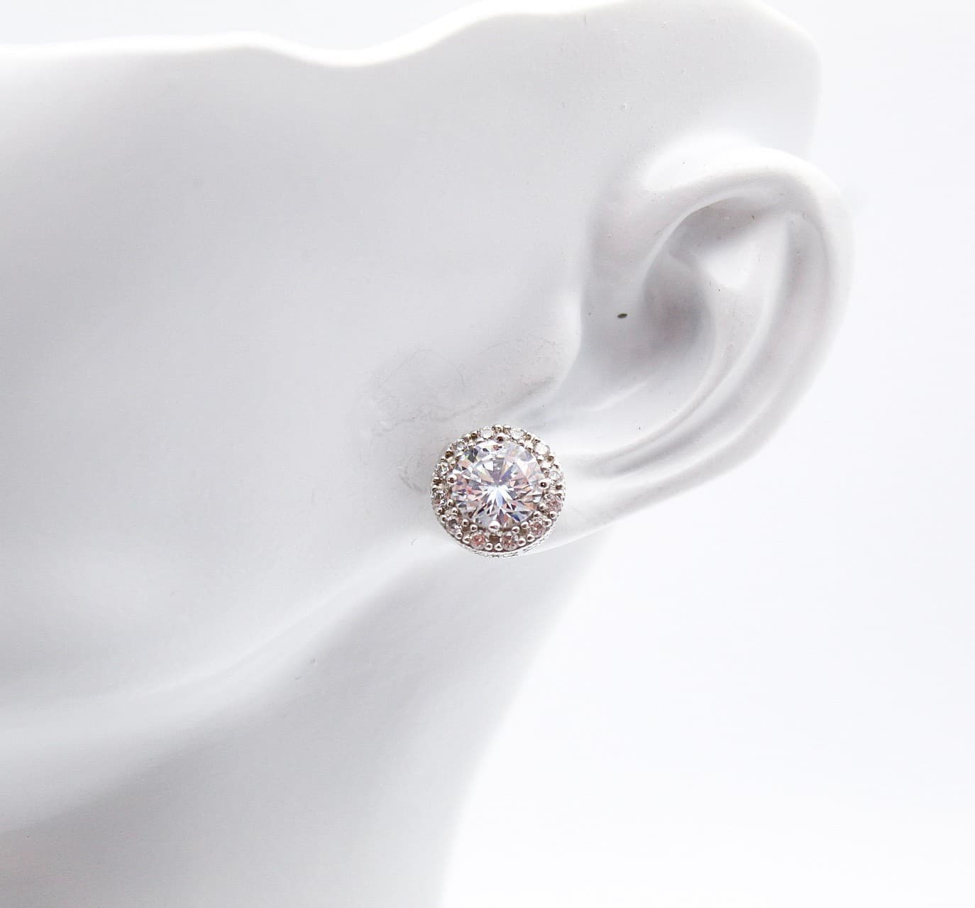 Vintage 925 Sterling Silver Round Halo Stud Earrings Cubic Zirconia Pave 7mm - Thumbnail 2