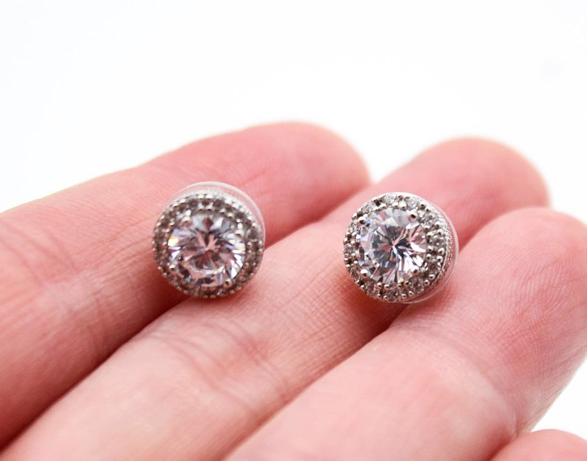 Vintage 925 Sterling Silver Round Halo Stud Earrings Cubic Zirconia Pave 7mm - Thumbnail 10