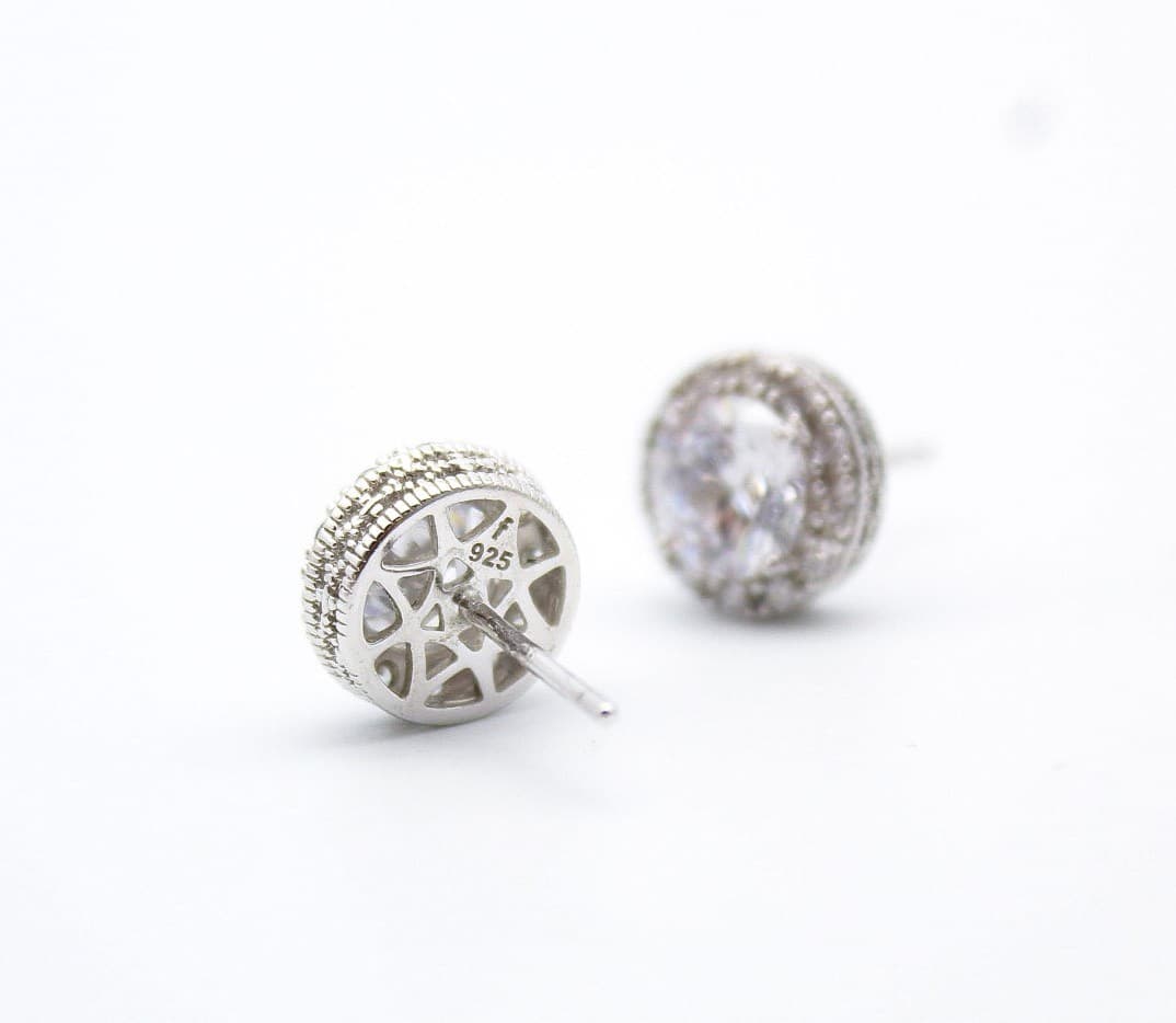 Vintage 925 Sterling Silver Round Halo Stud Earrings Cubic Zirconia Pave 7mm - Thumbnail 5