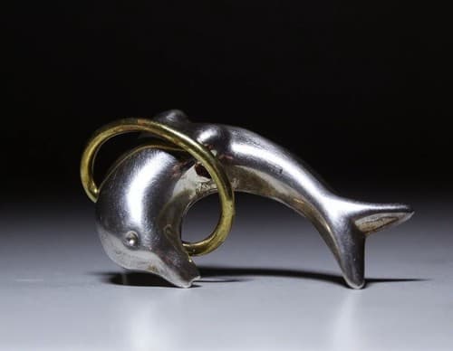 Vintage Mexico Taxco Sterling Silver Two Tone Dolphin Jumping Hoop Pin Brooch - Thumbnail 2