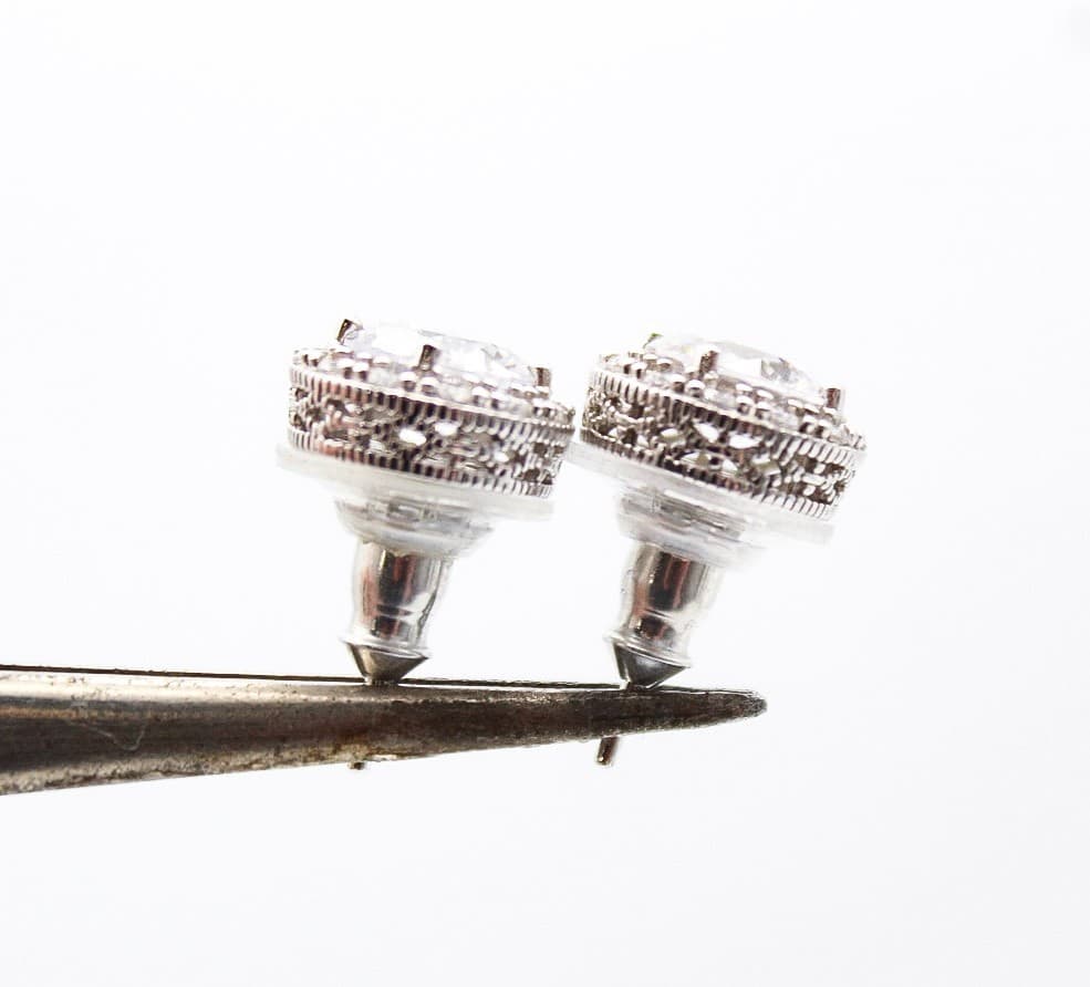 Vintage 925 Sterling Silver Round Halo Stud Earrings Cubic Zirconia Pave 7mm - Thumbnail 8