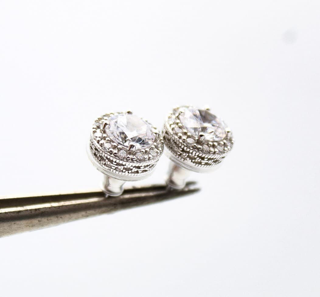 Vintage 925 Sterling Silver Round Halo Stud Earrings Cubic Zirconia Pave 7mm - Thumbnail 7