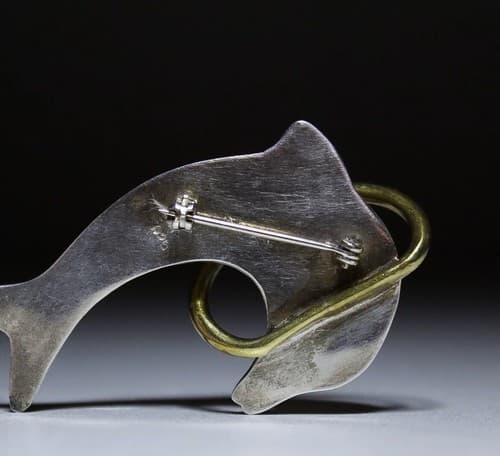 Vintage Mexico Taxco Sterling Silver Two Tone Dolphin Jumping Hoop Pin Brooch - Thumbnail 4