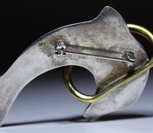 Vintage Mexico Taxco Sterling Silver Two Tone Dolphin Jumping Hoop Pin Brooch - Thumbnail 5