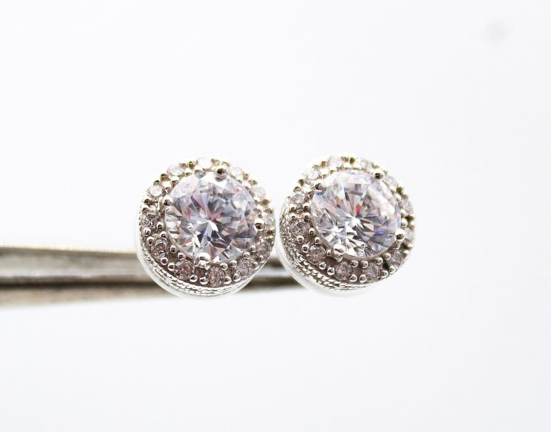 Vintage 925 Sterling Silver Round Halo Stud Earrings Cubic Zirconia Pave 7mm - Thumbnail 9