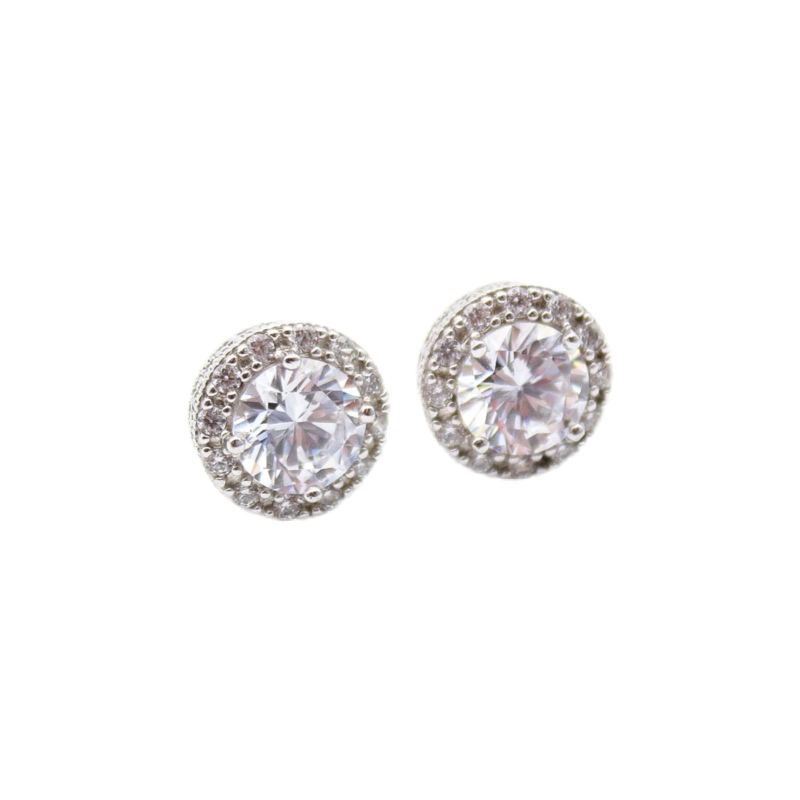 Vintage 925 Sterling Silver Round Halo Stud Earrings Cubic Zirconia Pave 7mm - Image 1