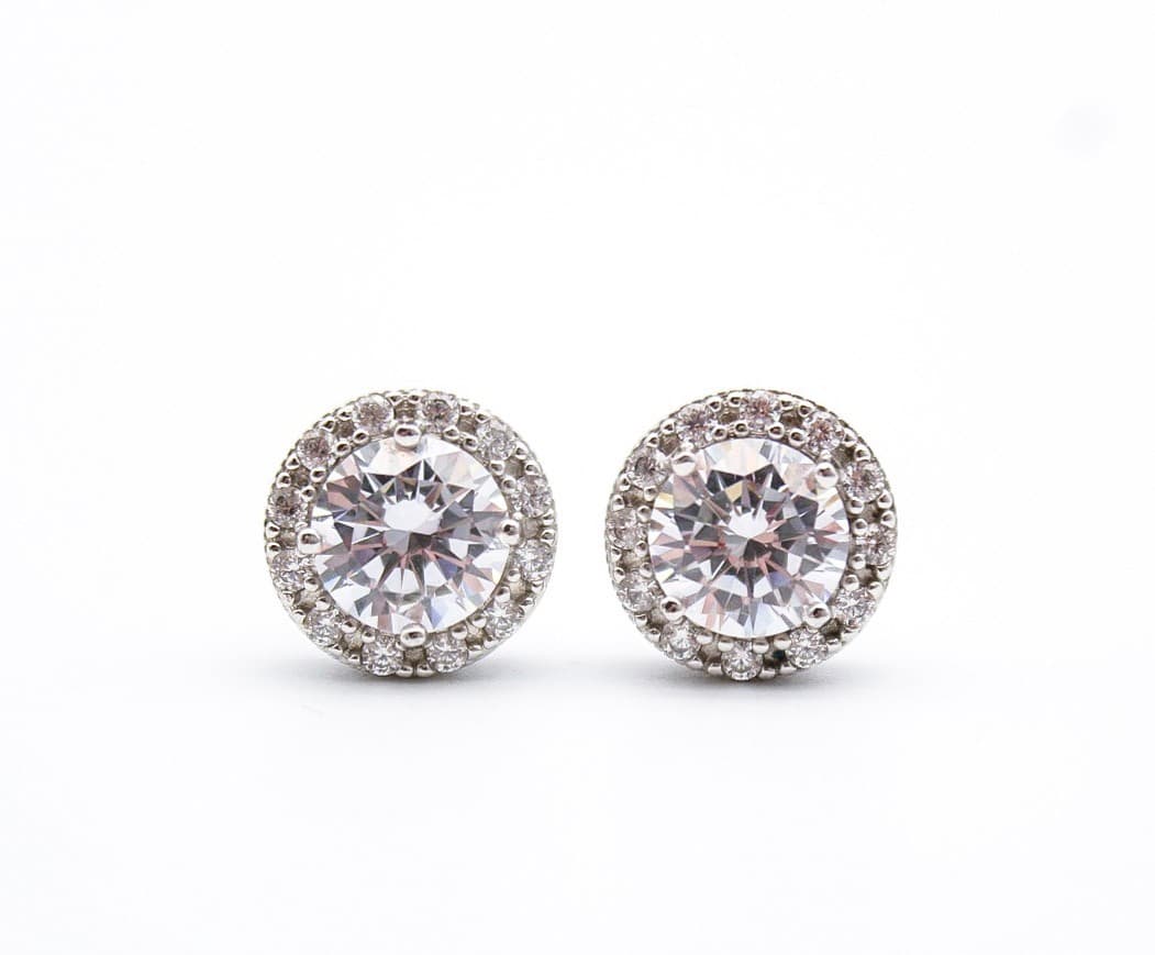 Vintage 925 Sterling Silver Round Halo Stud Earrings Cubic Zirconia Pave 7mm - Thumbnail 3