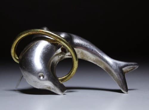 Vintage Mexico Taxco Sterling Silver Two Tone Dolphin Jumping Hoop Pin Brooch - Thumbnail 3