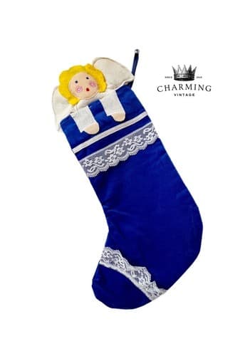 Vtg 1970's Ceshire Salem Mass. Primitive Folk Art Angel Christmas Stocking - Image 1