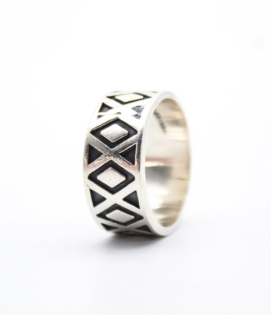 Vintage Mexico 925 Sterling Silver Geometric Tribal Pattern Band Ring Size 9.5 - Thumbnail 2