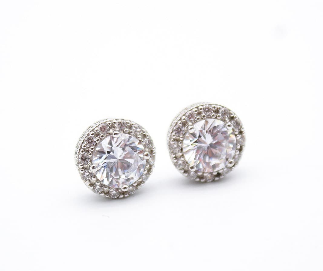 Vintage 925 Sterling Silver Round Halo Stud Earrings Cubic Zirconia Pave 7mm - Thumbnail 4