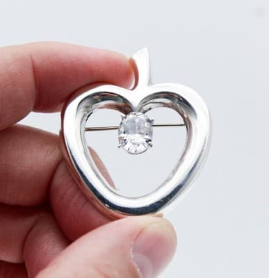 Vintage Sterling Silver 925 Taxco Mexico Heart Apple Shaped CZ Pin Brooch - Thumbnail 5