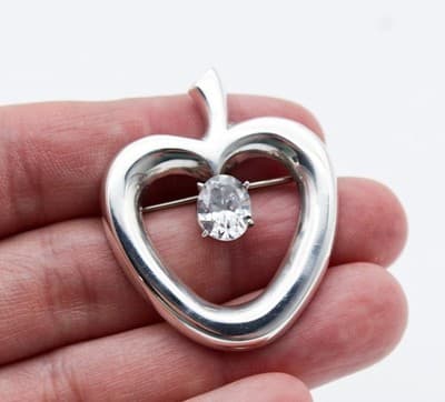 Vintage Sterling Silver 925 Taxco Mexico Heart Apple Shaped CZ Pin Brooch - Thumbnail 2