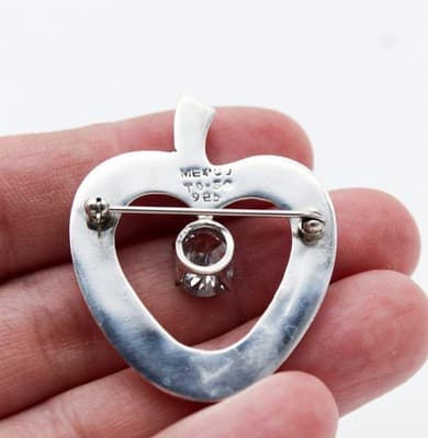 Vintage Sterling Silver 925 Taxco Mexico Heart Apple Shaped CZ Pin Brooch - Thumbnail 3