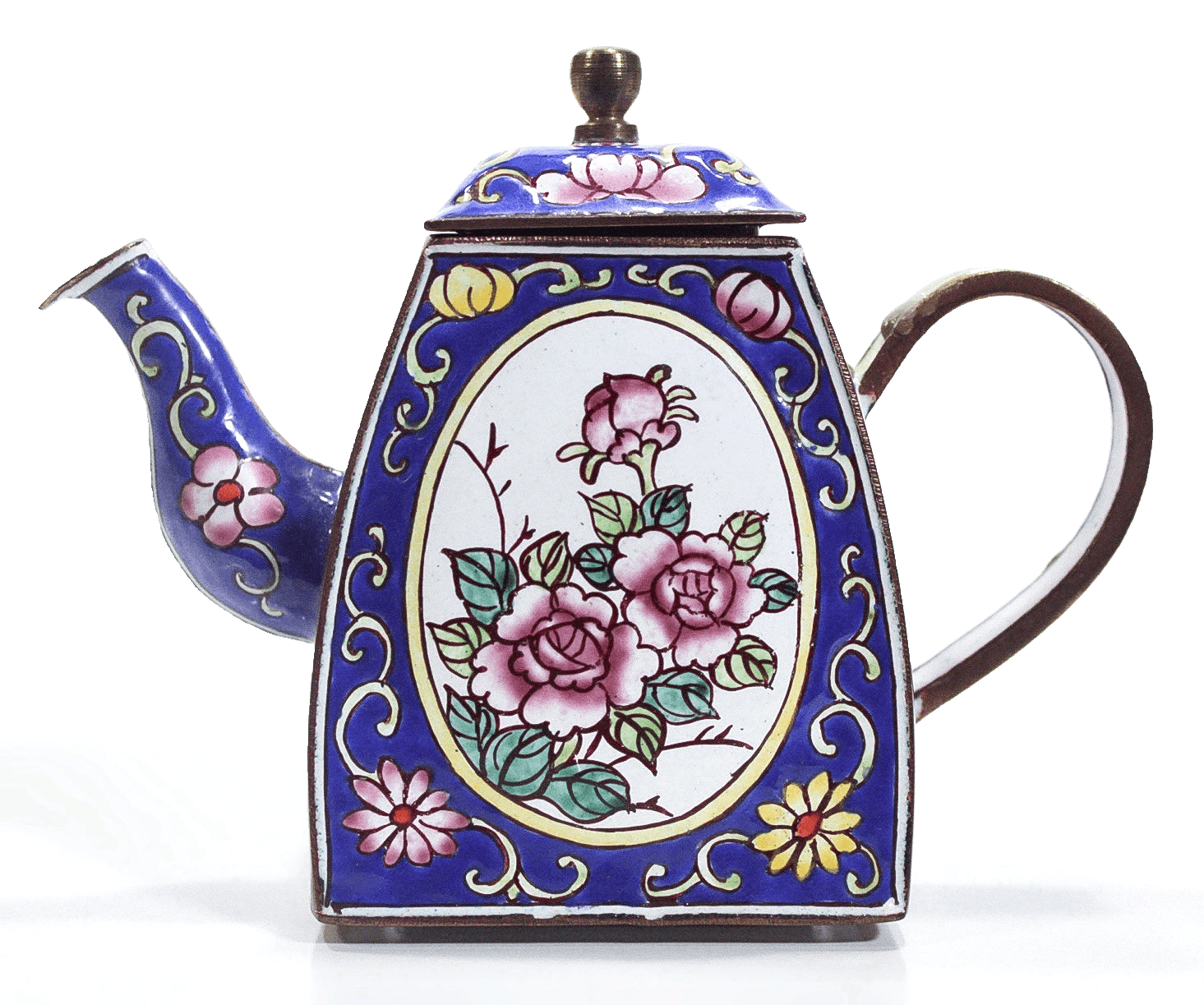 B. YEE Pink Roses Motif Blue Hand Painted Enamel On Brass Miniature Teapot - Image 1