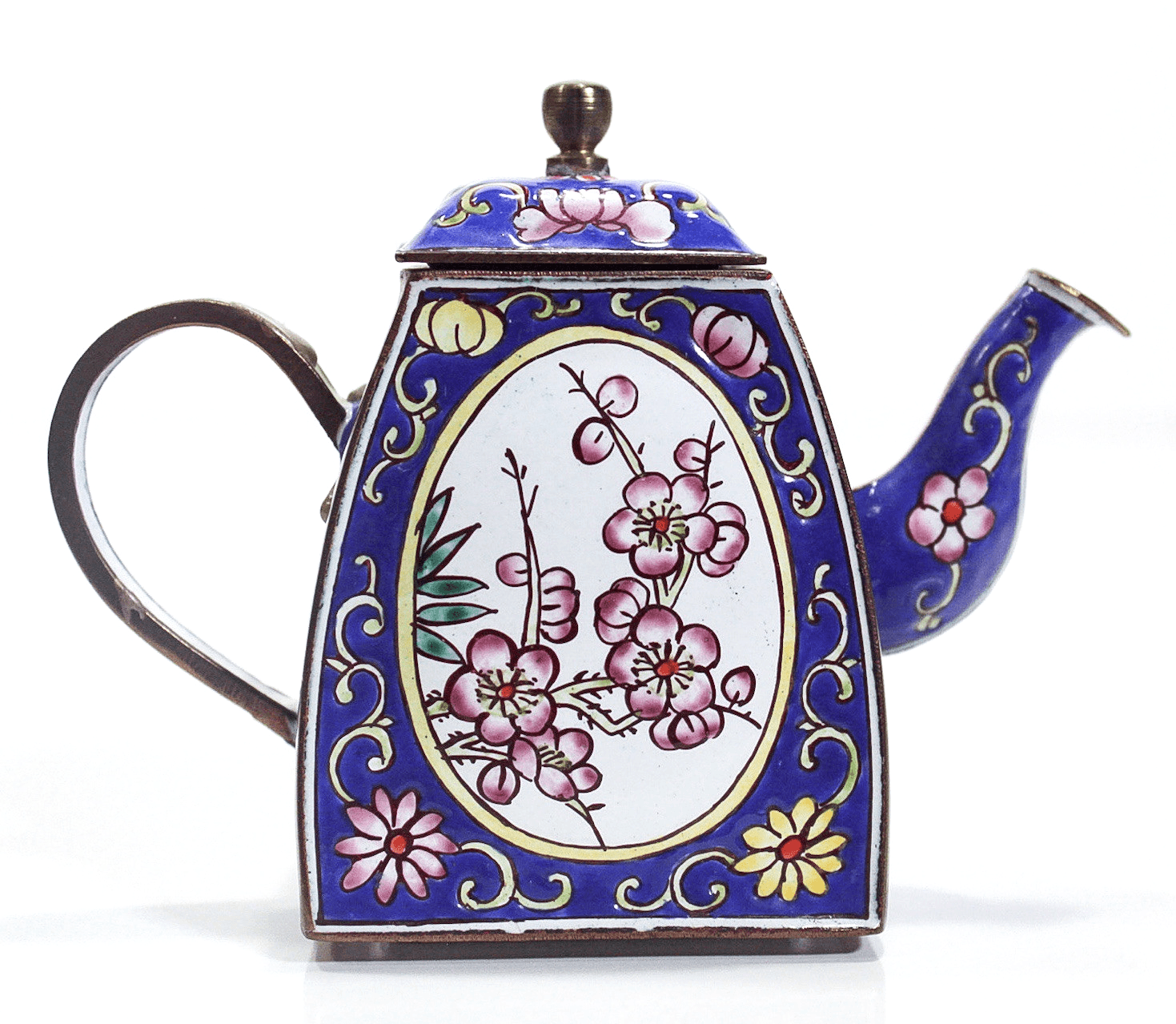 B. YEE Pink Roses Motif Blue Hand Painted Enamel On Brass Miniature Teapot - Thumbnail 2