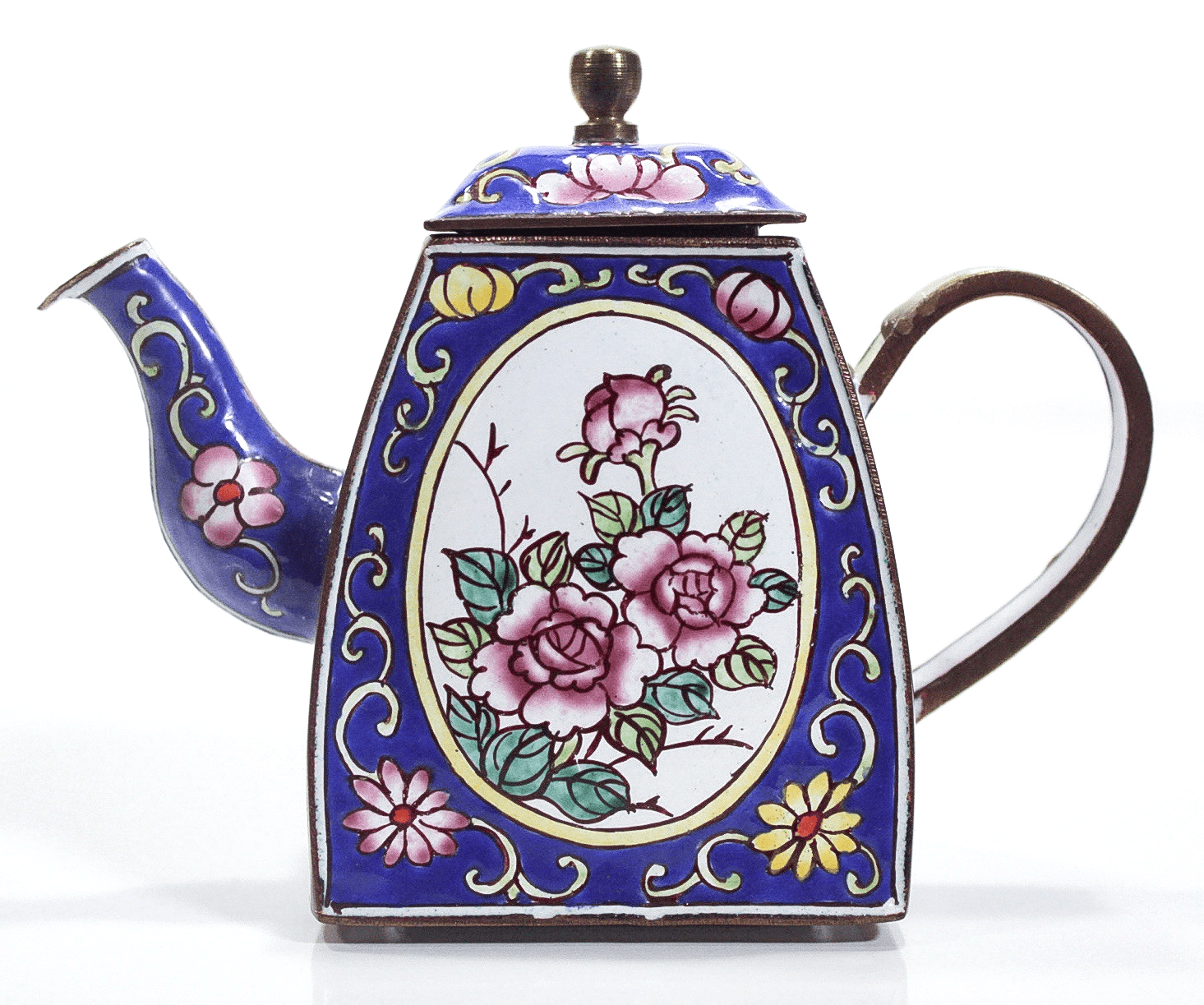 B. YEE Pink Roses Motif Blue Hand Painted Enamel On Brass Miniature Teapot - Thumbnail 5