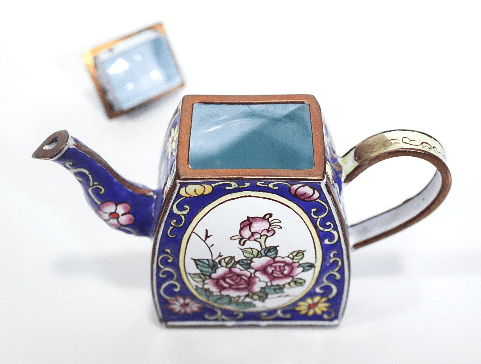 B. YEE Pink Roses Motif Blue Hand Painted Enamel On Brass Miniature Teapot - Thumbnail 3