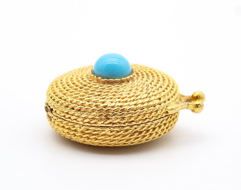 Estee Lauder Gold Plated Coiled Rope Faux Turquoise Solid Perfume Compact - Thumbnail 4