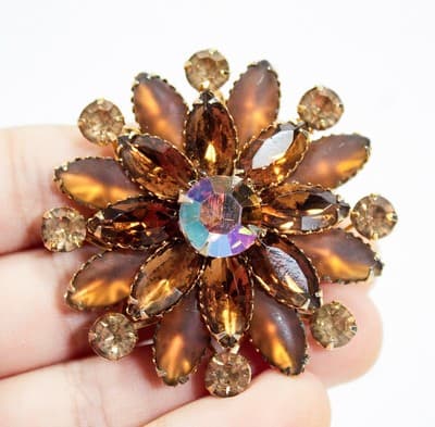 Vintage JUDY LEE Amber Rhinestone Aurora Borealis Statement Pin Brooch - Thumbnail 2