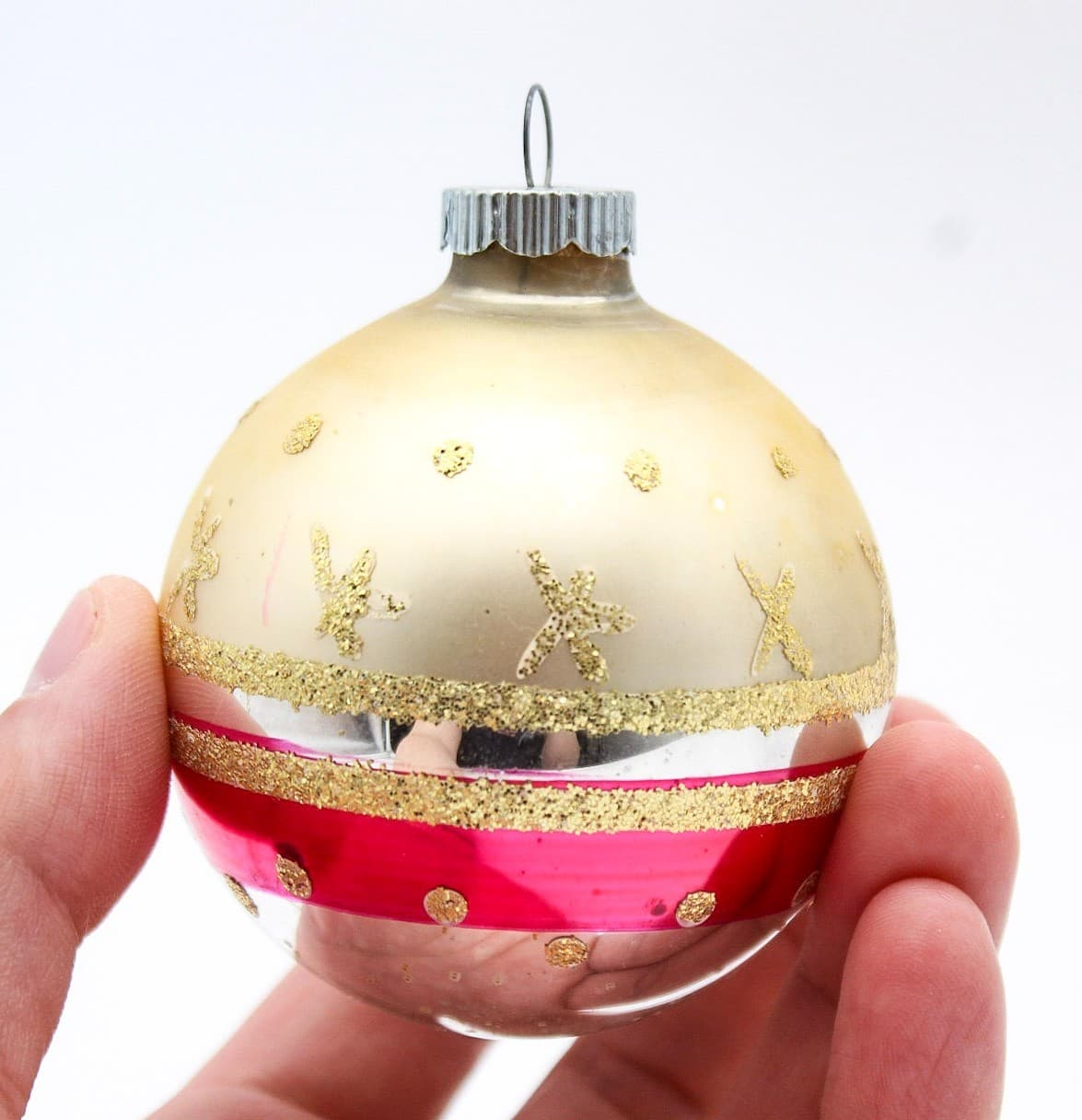 Shiny Brite Gold Mica Star Pattern Pink Silver Glass Christmas Ornament Vintage - Thumbnail 2
