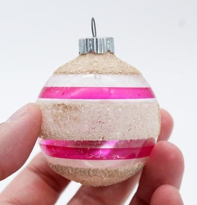 Vintage SHINY BRITE White Mica Unsilvered Pink Stripe Glass Christmas Ornament - Thumbnail 2