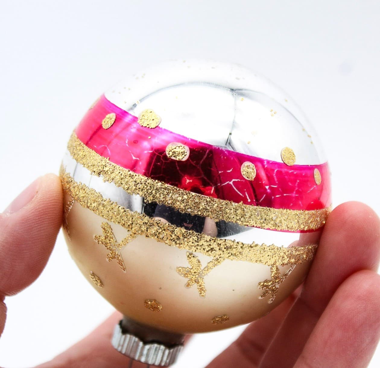 Shiny Brite Gold Mica Star Pattern Pink Silver Glass Christmas Ornament Vintage - Thumbnail 3