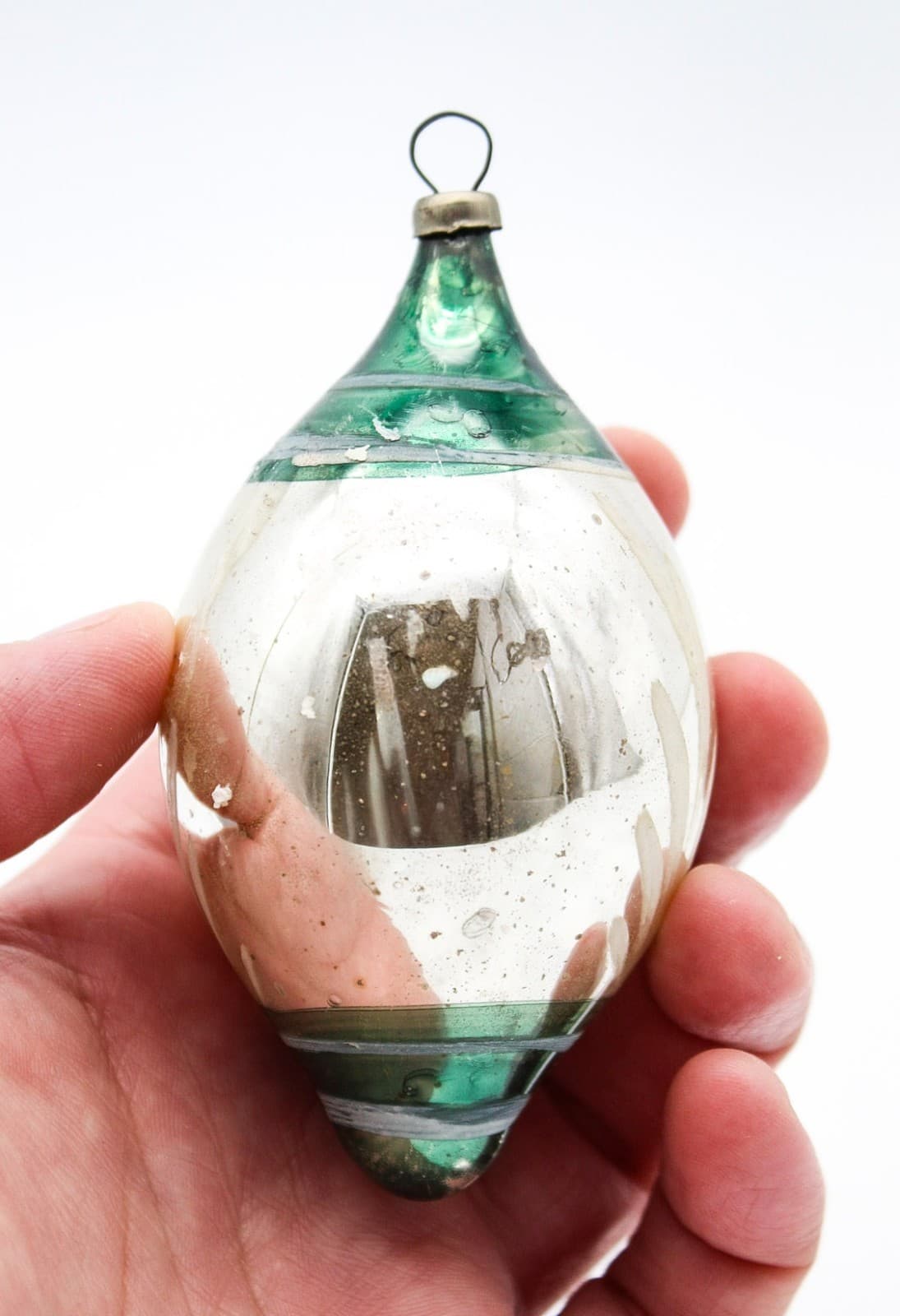 Vintage Multiple Indent Reflector Green Teardrop Glass Christmas Ornament - Thumbnail 3