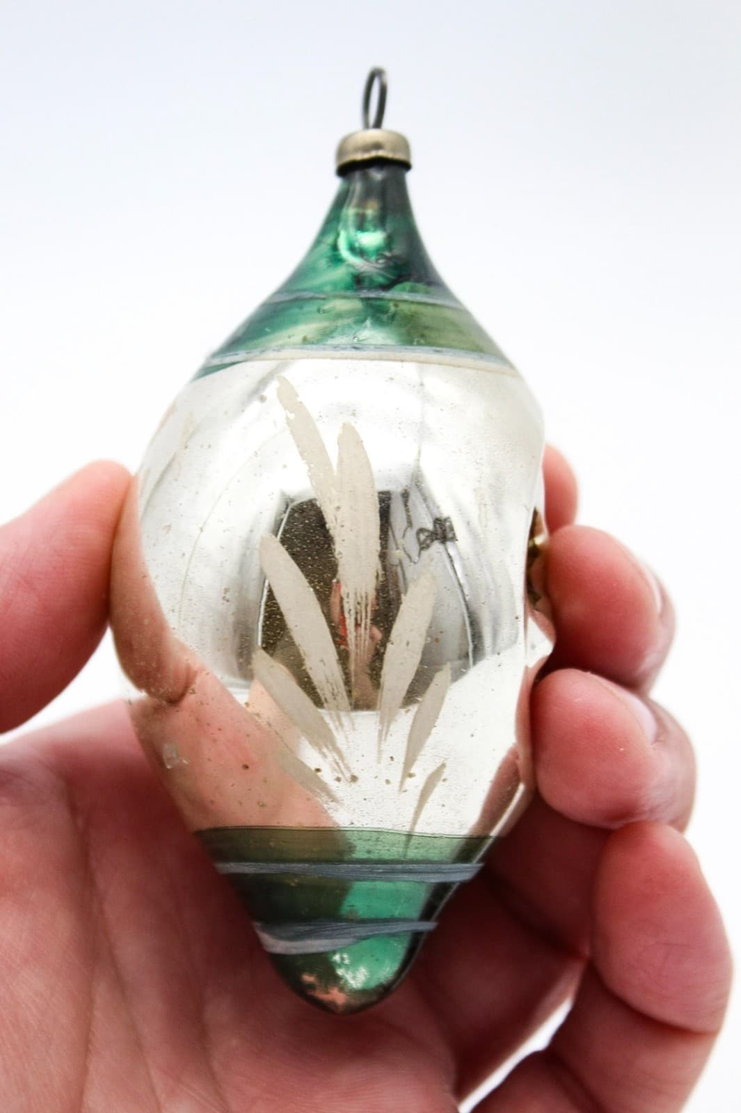 Vintage Multiple Indent Reflector Green Teardrop Glass Christmas Ornament - Thumbnail 4