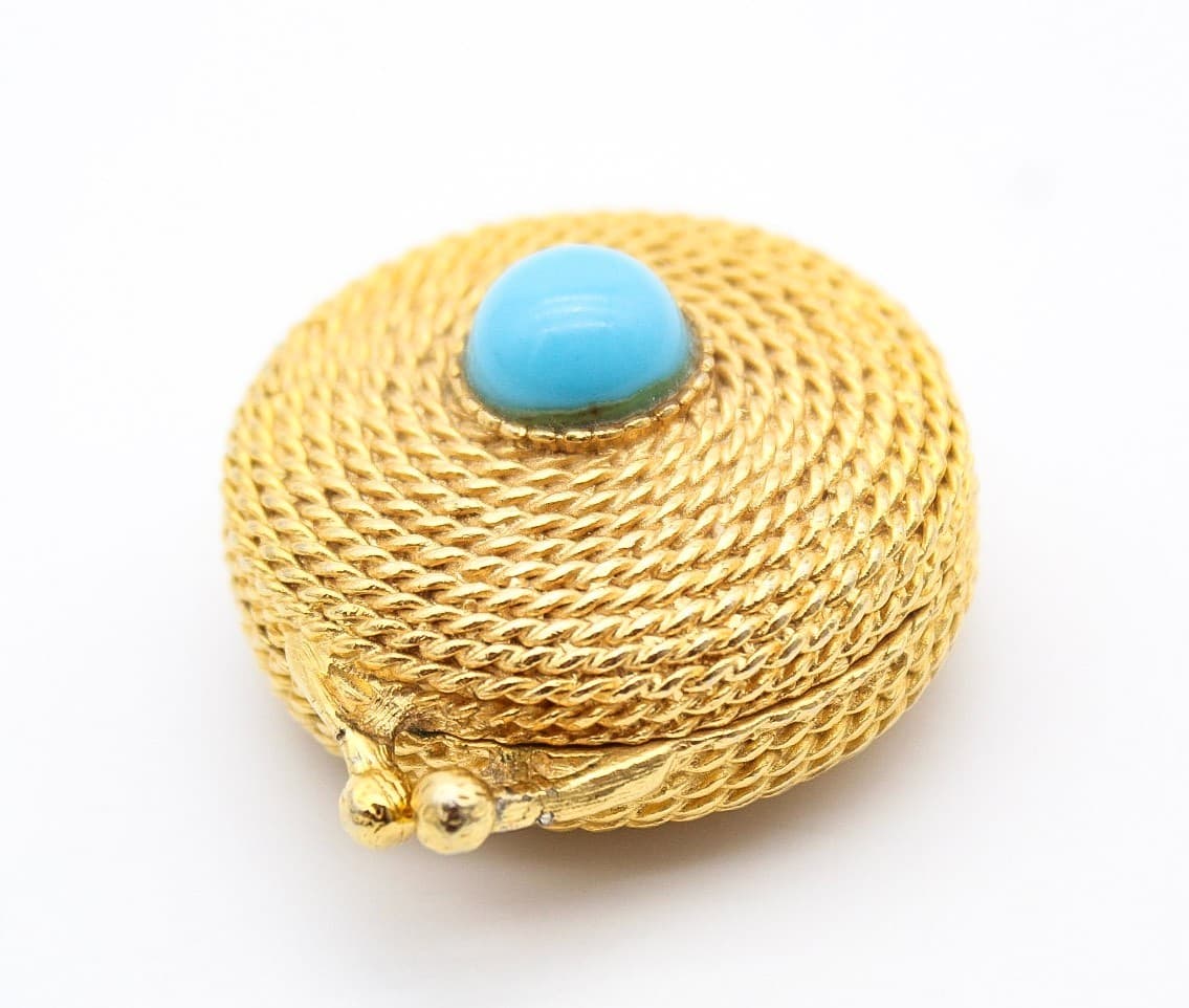 Estee Lauder Gold Plated Coiled Rope Faux Turquoise Solid Perfume Compact - Thumbnail 9