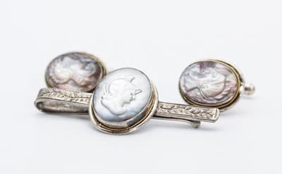 Vintage 800 European Silver Abalone Carved Cameo Tie Bar & Cufflinks Set - Thumbnail 2