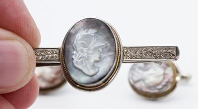 Vintage 800 European Silver Abalone Carved Cameo Tie Bar & Cufflinks Set - Thumbnail 3