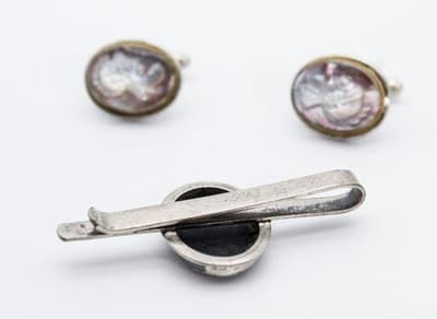 Vintage 800 European Silver Abalone Carved Cameo Tie Bar & Cufflinks Set - Thumbnail 4