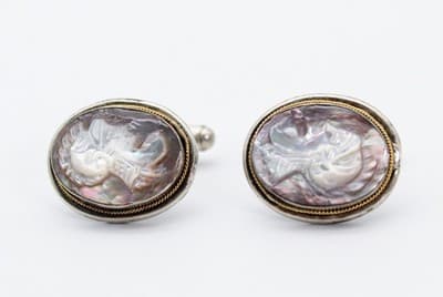 Vintage 800 European Silver Abalone Carved Cameo Tie Bar & Cufflinks Set - Thumbnail 6