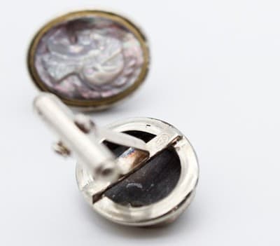 Vintage 800 European Silver Abalone Carved Cameo Tie Bar & Cufflinks Set - Thumbnail 8