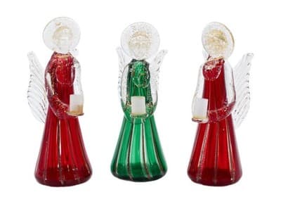 3 Vintage Murano Italy Gold Flecked Green & Red Angel Motif Candle Holders - Image 1