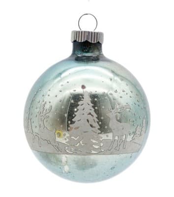 Shiny Brite Vintage Light Blue Stencil Reindeer Tree Glass Christmas Ornament - Image 1