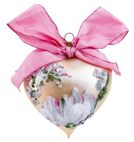 NATALIE SARABELLE Jeweled Floral Heart Shape Signed Glass Christmas Ornament - Image 1