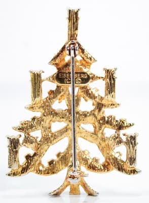 Designer EISENBERG ICE Gold Tone Multicolor Rhinestone Christmas Tree Pin Brooch - Thumbnail 2