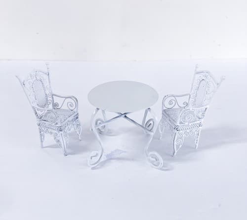 Vintage Garden Metal Victorian White Chairs &Table Miniature Dollhouse Furniture - Thumbnail 2