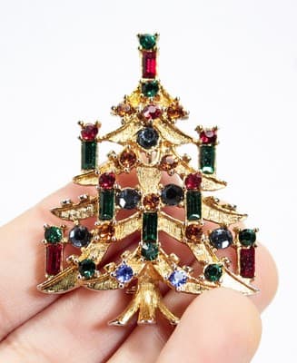 Designer EISENBERG ICE Gold Tone Multicolor Rhinestone Christmas Tree Pin Brooch - Thumbnail 3