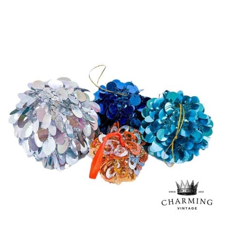 4 Vintage Shiny Disco Sequin Beaded Balls Christmas Ornaments - Image 1