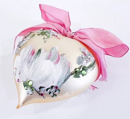NATALIE SARABELLE Jeweled Floral Heart Shape Signed Glass Christmas Ornament - Thumbnail 2