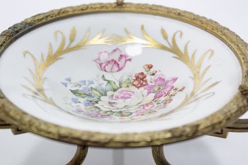 SÈVRES Antique French Porcelain Footed Floral Serving Dish With Bronze Mount - Thumbnail 2