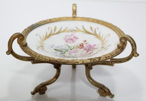 SÈVRES Antique French Porcelain Footed Floral Serving Dish With Bronze Mount - Thumbnail 4